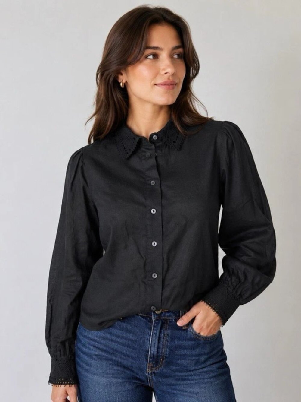 Elie Tahari Linen Blouse with Crochet Trim